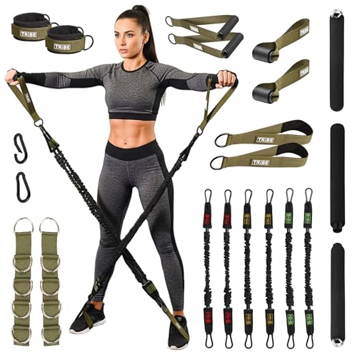 Tube Resistance Bands Set with Handles, Bar, Ankle Straps and Door Anchor - color: Military Green