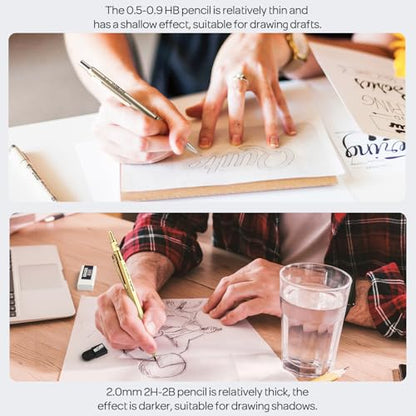 Nicpro 37PCS Gold Art Mechanical Pencil Set, 0.3/0.5/0.7/0.9/2mm Point | 360 Lead Refills(6B 4B 2B HB 2H 4H) 4 Erasers+18 Eraser Refills, Full Metal, School Supplies for Sketching Drawing Drafting - color: Gold, style: 0.3 0.5 0.7 0.9 2.0