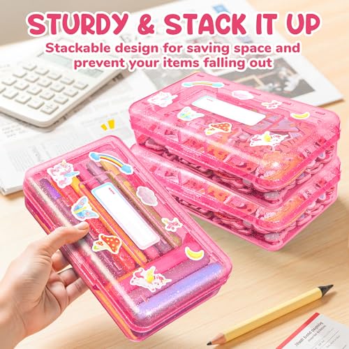 GAMENOTE Plastic Pencil Box with Snap Lid, School Supply Case, Glitter Pink | Kid Large Hard Pencil Case with Personalized Sticker, Snap-tight Lid, Small Art Craft Storage Containers for Boys, Girls - color: Glitter Pink