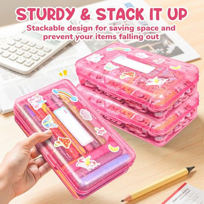 GAMENOTE Plastic Pencil Box with Snap Lid, School Supply Case, Glitter Pink | Kid Large Hard Pencil Case with Personalized Sticker, Snap-tight Lid, Small Art Craft Storage Containers for Boys, Girls - color: Glitter Pink
