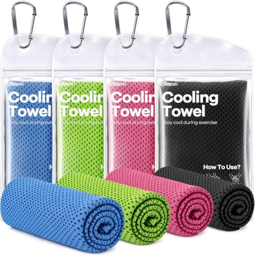 ROXUN Cooling Towels, 4 Pack (40''x12'') Chilly Ice Rags for Neck and Face | Blue+Pink+Green+Black, Soft Breathable, Sports and Outdoor Workouts, Comes with Storage Bags & Carabiners - color: Blue+pink+green+black