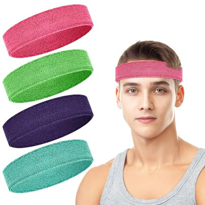 4 Pack Cotton Terry Sweat Headbands for Men Women Running Gym - color: Pink/Green/Sky Blue/Purple