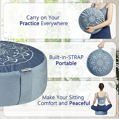 Hihealer Meditation Cushion, Traditional Tibetan Velvet Meditation Pillow | Buckwheat Yoga Bolster, Large Floor Cushion & Pillow for Adults, Zafu Zabuton Set, Zen Meditation Mat - color: Blissful Pink & Aqua