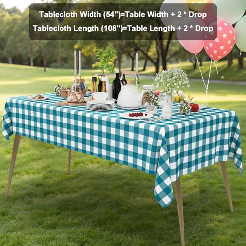 Smiry 8 Packs Gingham Disposable Table Cloth, 54 x 108 Inch Waterproof Plastic Tablecloth, Rectangle Turquoise and White Checkered Table Covers for Picnic, Birthday, Party - color: Turquoise and White, size: 54"x108" (Pack of 8)
