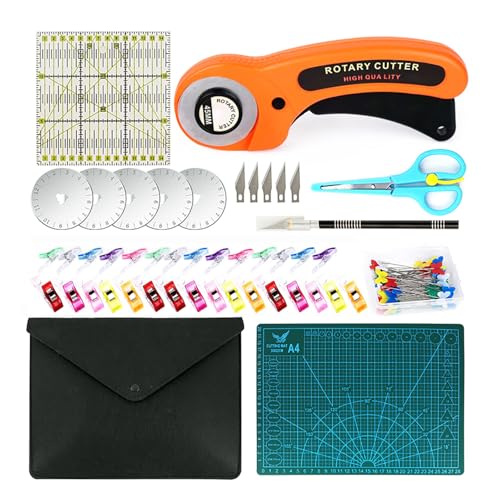Rotary Cutter Set 96pcs,Quilting Kit Include 45mm Fabric Cutter with 5 Extra Blades,Patchwork Ruler, Needles, Clips & Pins for Sewing, Scrapbooking, Leather Dressmaking