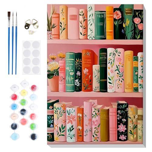 Bowetile Framed Paint by Numbers Bookshelf Kit for Adults, Adults' Paint-by-Number Kits on Canvas, Painting by Numbers Books, Acrylic Number Painting Gifts for Home Wall Decor, 8x12in - color: Bookshelf
