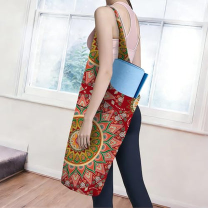 Mandala Yoga Mat Bag with Large Waterproof Zipper Pocket and Drawstring Pocket Long Tote Yoga Mat Carrier Holder Bags Fit Most Size Mats - color: Red