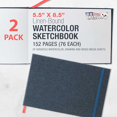 U.S. Art Supply 5.5" x 8.5" Watercolor Book (2 Pack, 76 Sheets Each) - 110lb (230 GSM) Linen-Bound Hardcover Artist Paper Pads - Acid-Free Cold-Pressed Watercolor Paper Pad Mixed Media - size: 5.5-x-8.5-inch