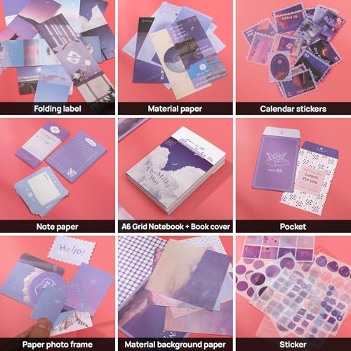 Scrapbook Photo Album Supplies Kit with Tweezers and Glue Tape – Romantic Stationery Aesthetic Junk Journal Kit, Scrapbooking Paper, Sticker Pack, Notebook, DIY Craft, Gift for Teen Women (Monnlight) - color: Monnlight