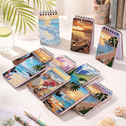 Fuyoooo 12 Pcs Beach Diamond Art Notebook Kits for Adults, 4.72 x 2.83 Inch | Ocean Beach Diamond Art Notebook, DIY Cover Notebook Diamond Painting for Beginners, 5d Journal Art Notepad Accessories - style: Beach