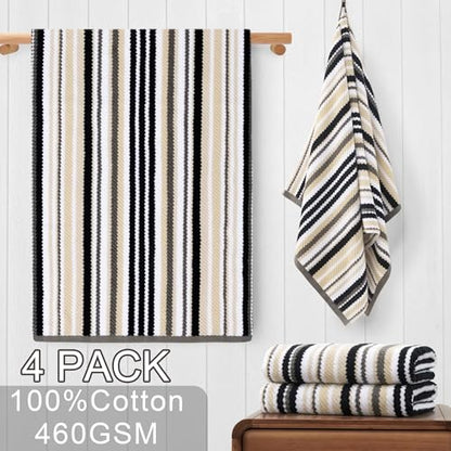 VOOVA & MOVAS Bath Towels 4 Pack, 100% Cotton, 28x52 in, Black Striped - color: Gray + Black Striped, size: 4 PC Bath Towels (28"x52")