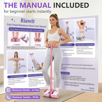 Pedal Resistance Band with Handle, 6-Tube Natural Rubber Exercise Bands - color: Pink