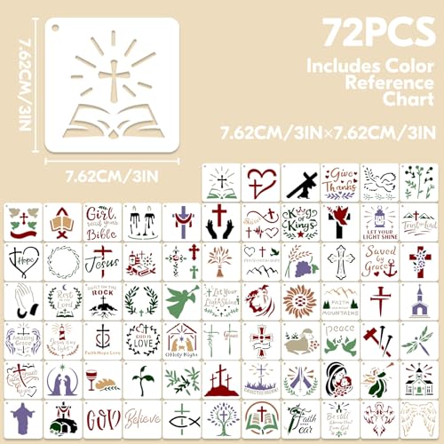 72 Pcs Christian Cross Stencils for Painting Set, Reusable Religious Jesus God Painting Templates - Christ Stencil Crafts Drawing Templates for DIY Scrapbook, Home Wall Murals, Canvas Wood Signs - style: Christian