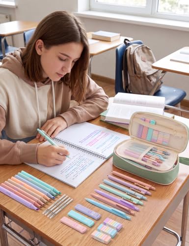 SUNEE Pencil Case with Supplies, 54PCS Aesthetic Stationery Set with 8 Pastel Highlighters, 8 Gel Pens Black Ink, 6 Mechanical Pencils, Back to School, College Essentials for Students, Green - color: Green, style: 54 Pack