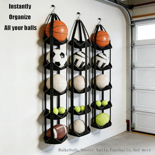 BOXIN 5-Tier Hanging Ball Storage Organizer with Hook for All Sports Balls, Sports Equipment Organizer Holder Toy Organizers, Vertical Hanging Storage,Space-Saving,Home Gym Decor,Yoga Mat Holder - color: Black