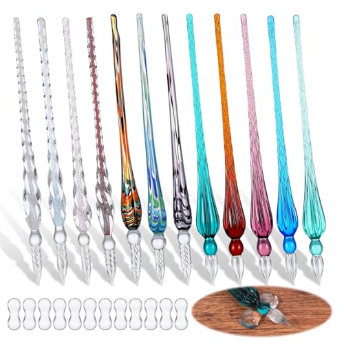 12 Pcs Glass Dip Pen Set with Penholders, Handmade High Borosilicate Crystal Signature Calligraphy Pens in 12 Colors for Writing, Drawing, Ink Art (Vintage Style)