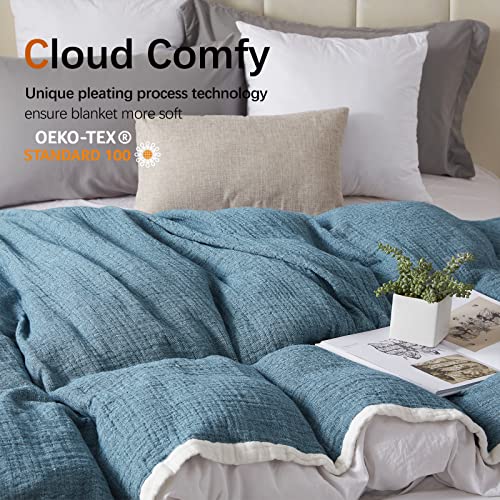 SE SOFTEXLY Muslin Throw Blanket, 4-Layer Dyed Yarn, 80”x90”, Denim Blue - color: 1-vintage Blue, size: Full/Queen-80" x 90"