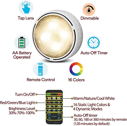 Onumii LED Puck Lights Battery Operated LED Under Cabinet Lighting Wireless Stick on Tap Lights with Remote Controll Color Changing Timer Function for Cabinets, Shelves, Closets - 6Pack White | 3x1.2in, Wireless, Adhesive Stick on, Push Tap for Cabinet, K