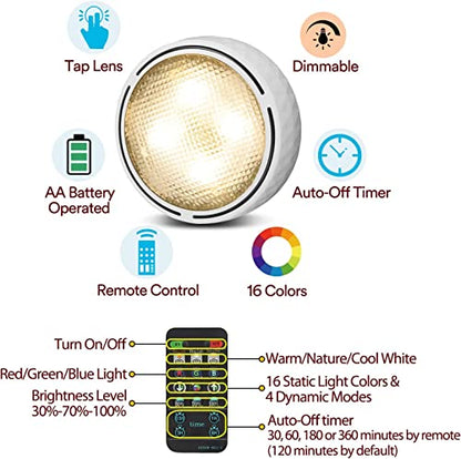 Onumii LED Puck Lights Battery Operated LED Under Cabinet Lighting Wireless Stick on Tap Lights with Remote Controll Color Changing Timer Function for Cabinets, Shelves, Closets - 6Pack White | 3x1.2in, Wireless, Adhesive Stick on, Push Tap for Cabinet, K