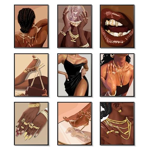 Black Girl Posters Wall Art Set of 9, Boho Black Woman African American Woman Canvas Wall Decor Paintings, Fashion Abstract Pictures Prints for Bedroom Bathroom Living Room Home Decor 8x10 In Unframed - color: Black Woman, size: 10"L x 8"W