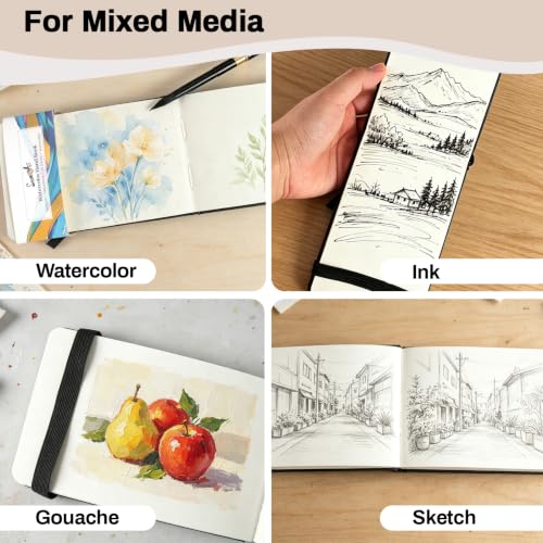 SEAMIART Watercolor Sketchbook Journal 3.5"x5.5" Travel Notebook 24 Sheets | 140 LB 300 GSM, Cold Press, Watercolor Paper Pad, Mixed Media Painting, PU Leather Cover, Acid Free, for Adults & Artists