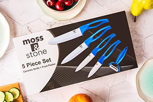 Moss & Stone Kitchen Cutlery White Ceramic Knife Set, Ceramic Knife Set and Fruit Peeler, Rust Proof & Stain Resistant, Kitchen Cooking Knife Set 5 pieces Blue Knives
