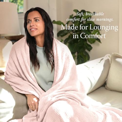 Threadmill Luxury 100% Cotton King Herringbone Blanket, English Rose - color: English Rose, size: King (106" x 92")