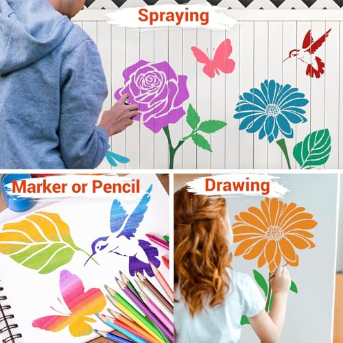 12 PCS Large Flower Painting Stencils, Reusable Sunflower Stencils for Painting on Wood Rocks Canvas Fabric Glass Pottery DIY Painting Art Projects - style: 12PCS Large Flower