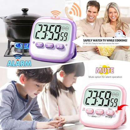 Antonki 2 Pack Classroom Timers for Kids Teachers, Magnetic Countdown Digital Kitchen Timer for Cooking, Study, Exercise, Games, Time Mangement - Loud/Silent Mode - Battery Included - color: 2* Pink & Purple ( Girls Favorite )