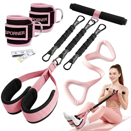 HIMESPORNER Pedal Resistance Band with Handle & Ankle Straps, Figure 8 Band | Multifunction Natural Latex 3 Tube, 20-60LB, Metal Handle, Breathable Ankle Straps, Thick and Durable Silicone Figure 8 Band