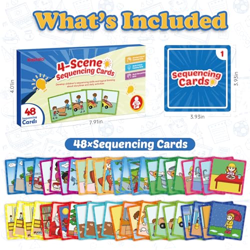 Kasfalci 4-Scene Sequence Board Game, Back to School Supplies, Sequencing Flash Cards, Speech Therapy Materials Sensory Toys for Kids with Autism, Preschool Learning Activity for Improve Storytelling - style: 4-Scene Sequencing Cards