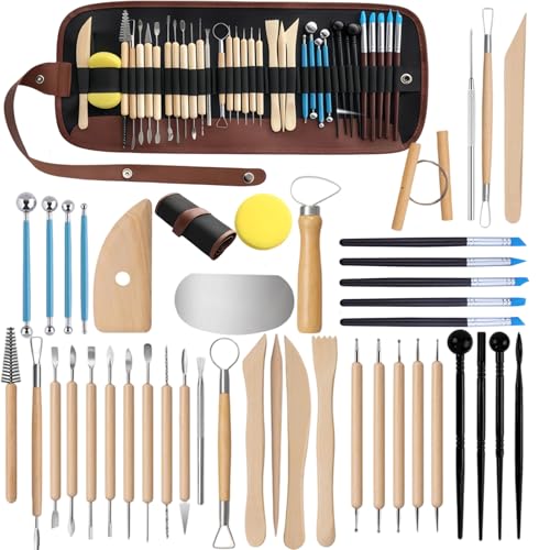 43 PCS Clay Tool,Clay Sculpting Tools Kit with Storage Bag | Texturing&refining ceramics,polymer&air-dry clay.Canvas roll protects tools,Professional tools for crafters&DIY sculpting