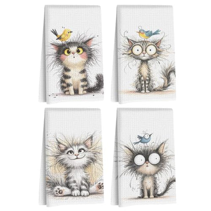 Jztco 4 Pcs Cute Cat Kitchen Towels, Funny Bird Cats Gifts Hand Tea Towel - color: Multi 1563