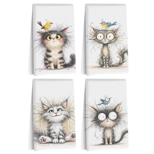 Jztco 4 Pcs Cute Cat Kitchen Towels, Funny Bird Cats Gifts Hand Tea Towel - color: Multi 1563