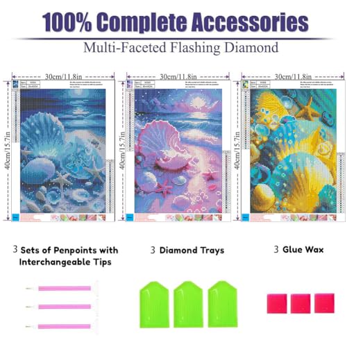 OFRKE Diamond Painting Kits for Adults,3 Pack Beach Shells Diamond Art for Beginners, Diamond Round 5D Full Drill Paint with Diamonds Pictures Gem Art Painting Kits DIY Crafts Kits 12x16inch - color: 3pcs-Shell