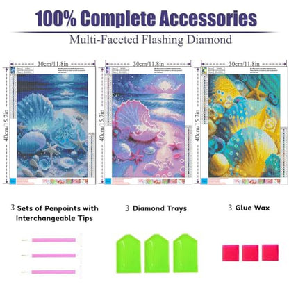 OFRKE Diamond Painting Kits for Adults,3 Pack Beach Shells Diamond Art for Beginners, Diamond Round 5D Full Drill Paint with Diamonds Pictures Gem Art Painting Kits DIY Crafts Kits 12x16inch - color: 3pcs-Shell