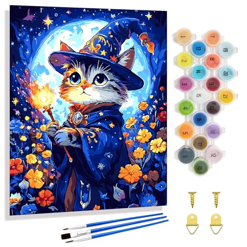 Yunnuo Cat Paint by Numbers Kit for Adults Beginner,Adult Paint by Number Kits on Canvas,Magic Cat and Flowers Paint-by-number Kits with Acrylic Paint & Brush,Great Choice for Decor and Gift(16x20 in) - color: A-007-Magic Cat