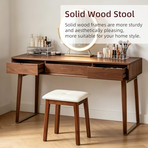 Solid Wood Vanity Stool with Cushion - color: Beige White - 18"h