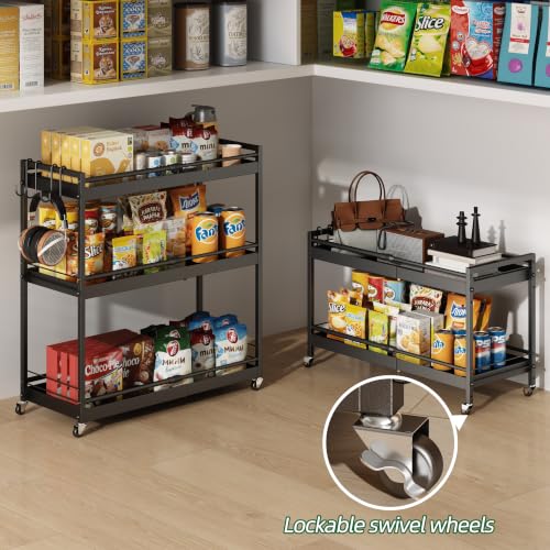 2 Tier Expandable Rolling Cart with wheels, pantry organizers and storage - size: 2 Tier(Black)