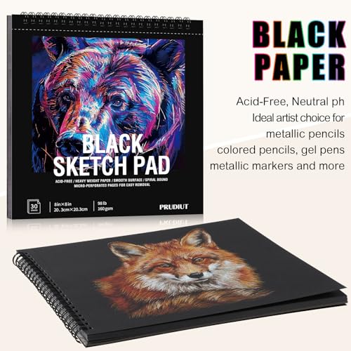 Black Paper Sketchbook 8 × 8 in, 30 Sheets, 160gsm Spiral Bound Drawing Pad | Acid-Free 98Lb Black Paper, Top Spiral, Tear-Off Pages, Hardcover, for Colored Pencil, Chalk & Metallic Markers - size: 8×8 Inch (1 pack)