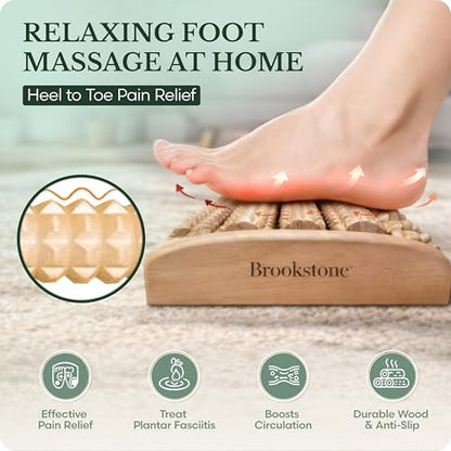 Brookstone Foot Massager Roller Plantar Fasciitis Pain Relief - Wooden Under Desk Feet Massage - Dual Manual Heel Massagers - Wood Rolling Acupressure Tool with Reflexology Guide - Gift for Men, Women