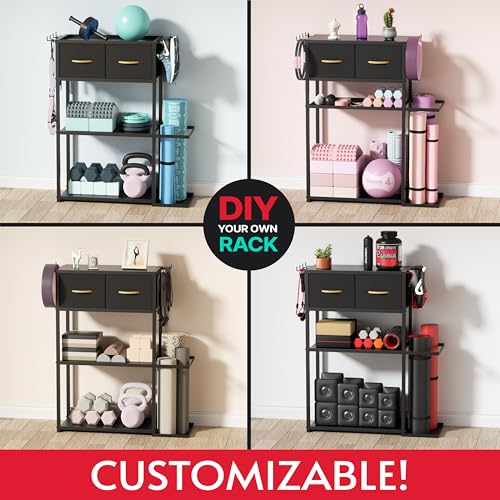 Home Gym Storage Rack, Adjustable 4-Tier with Extra Drawer
