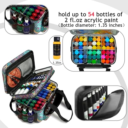 Acrylic Paint Organizer Bag, Holds 54 (2 oz) Bottles | Art Supply Storage Case with Handle and Shoulder Strap, Durable Fabric, Brush Pocket, Palette Board, Teal Paisley