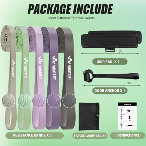 WHATAFIT Resistance Bands, 5 Level Pull Up Assistance Bands for Working Out - color: 2.3-56.7kg(5-125파운드) 그레이 퍼플+그립