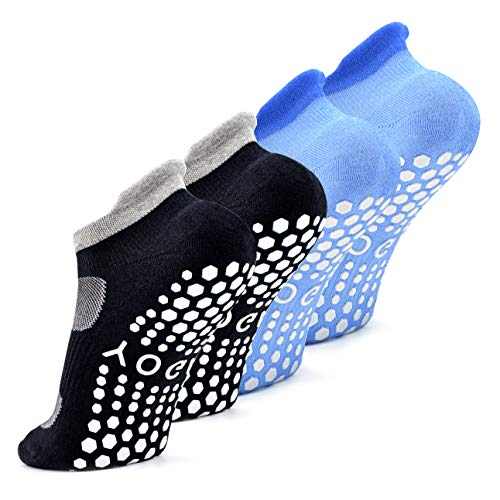 Busy Socks 2 Pack Women Ankle Non Slip Yoga Pilates Grip Socks with Cushion | Anti Skid Slipper Arch Support Socks for Barre Bikram Dance Trampoline Fitness Hospital Home Floor Walking Jogging Cardio - color: 2 Pairs Black/Blue