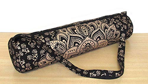 ICC Black Gold Mandala Full-Zip Exercise Yoga Mat Carry Bag Gym Beach Pilates Carrier Bags Hippie Mandala Indian Cotton Bag - style: Black Gold Flower