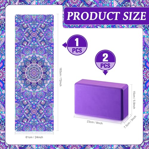 Tinideya 3 Pcs Yoga Mat and Blocks Set 6mm Non Slip Strap - color: Purple