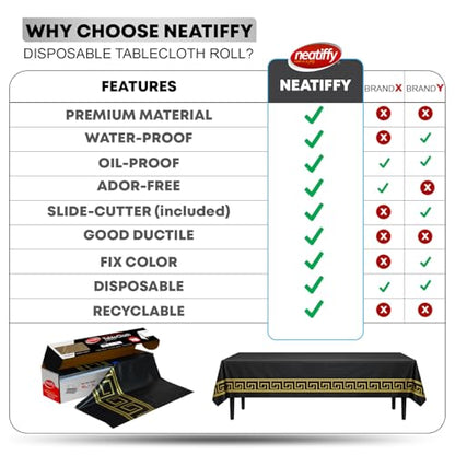 Neatiffy Disposable Plastic Table Cloth Roll with Slide Cutter | Waterproof Cover for Rectangle, Square, Oval Tables | Picnic, Party, Banquet, Weddings - Black with Gold Design - color: Black Golden Design, size: 54 inches X 100 feet