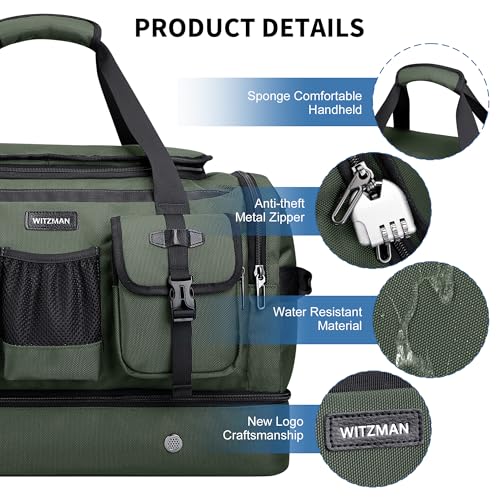 WITZMAN Duffle Bag for Men 55L Nylon Travel Weekender with Shoe Compartment - color: Classic Green
