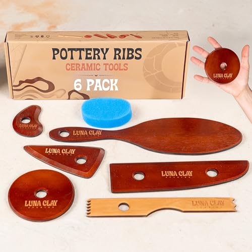 Large Pottery Ribs Tool Set | 6 Pack - Extra-Long Kiln-Dried Cherry Wood Shaping & Trimming Tools with 9" Paddle, Round Disc & Serrated Comb for Wheel Throwing, Non-Warping, Bonus Sponge - color: Cherry Wood
